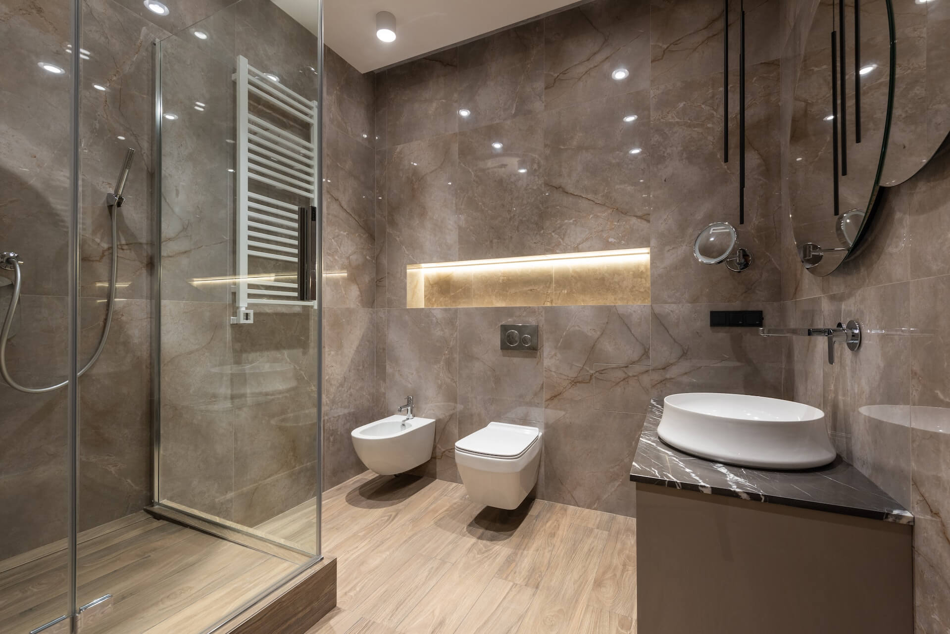 A bathroom with LED lights